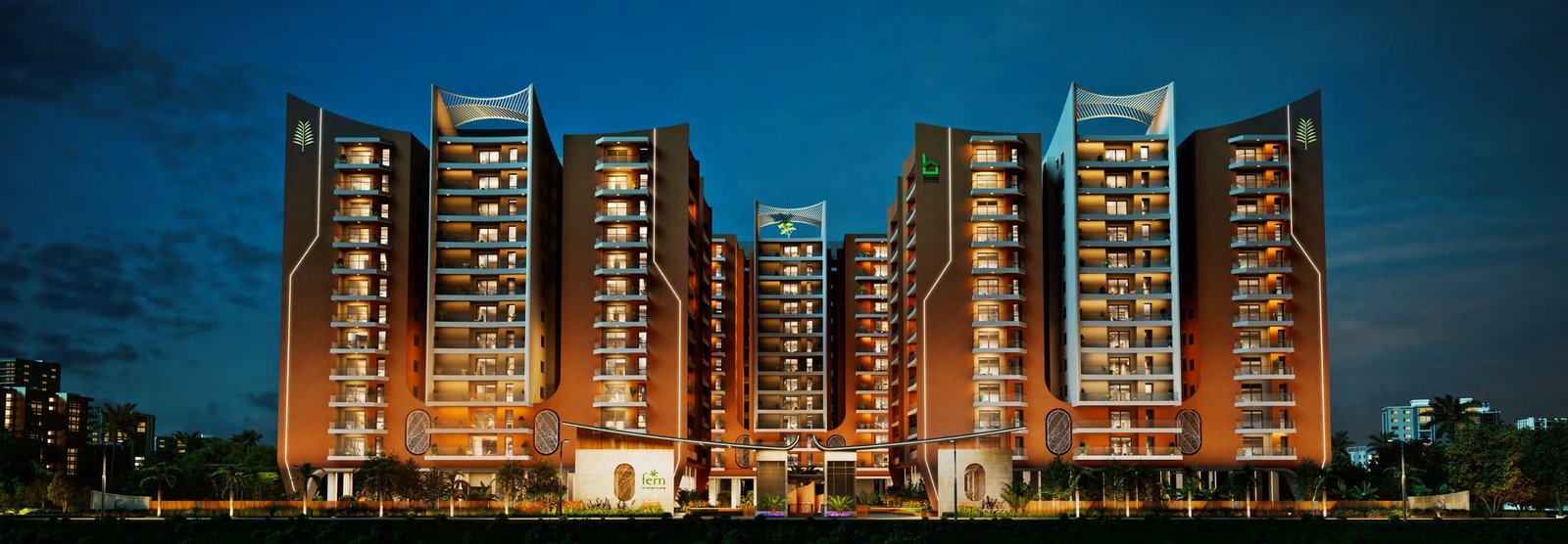Fern by Bonsai Housing — night elevation of the three residential towers at Tellapur, Hyderabad