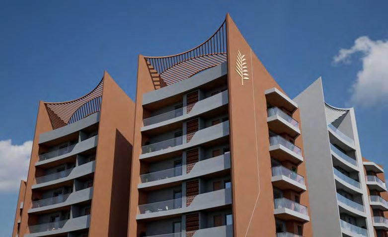 Fern by Bonsai Housing — daytime tower elevation showing curved balconies and fern motif screens